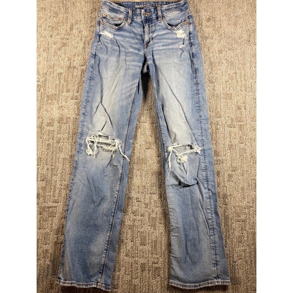 American Eagle Jeans 2 Light Blue Distressed Straight Leg High Waisted Pant